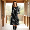 Three Quarter Sleeve Pleated Dress with Pockets - Abstract