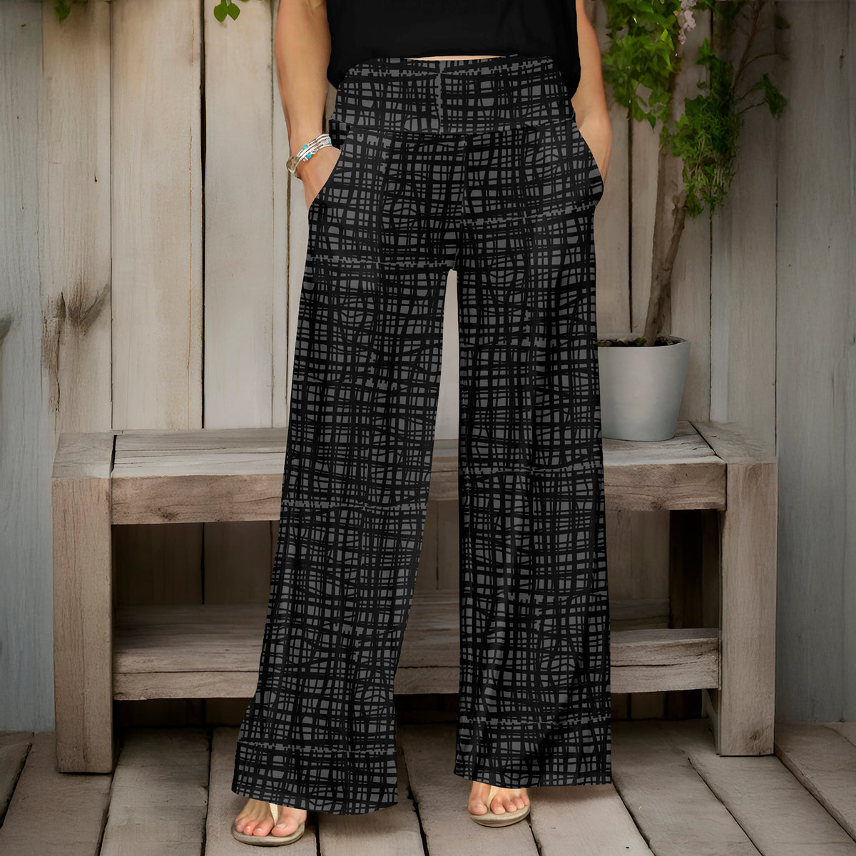 Wide Leg Pants with Pockets - Crosshatch