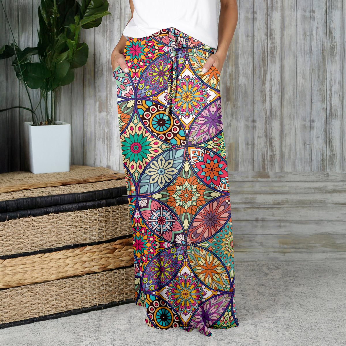 Drawstring Maxi Skirt with Side Pockets - Mandala