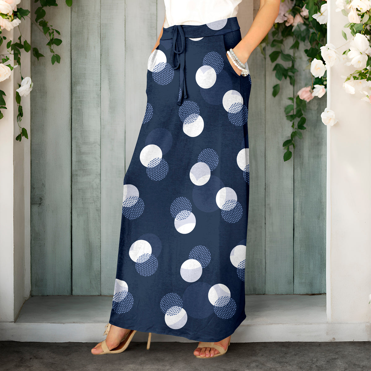 Drawstring Maxi Skirt with Side Pockets - Polka Dots