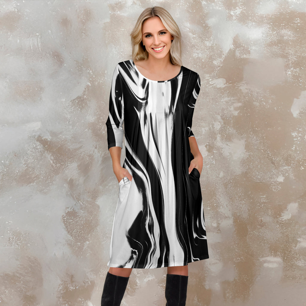Three Quarter Sleeve Pleated Dress with Pockets - Abstract Swirl