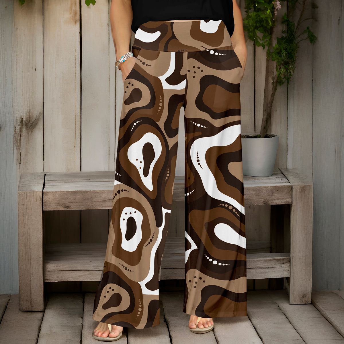 Wide Leg Pants with Pockets - Abstract