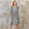 Three Quarter Sleeve Pleated Dress with Pockets - Floral Scroll