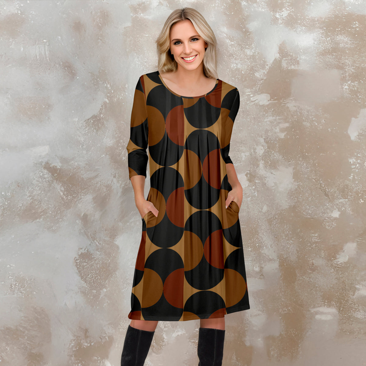 Three Quarter Sleeve Pleated Dress with Pockets - Geometric