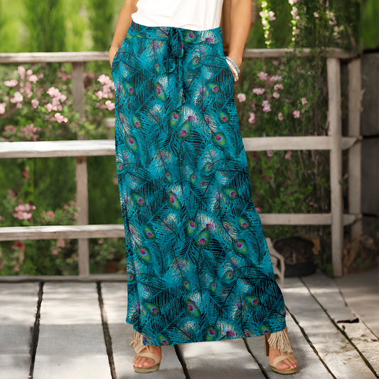 Drawstring Maxi Skirt with Side Pockets - Peacock