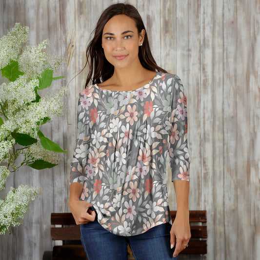 Pleated Three-Quarter Sleeve Tunic - Floral