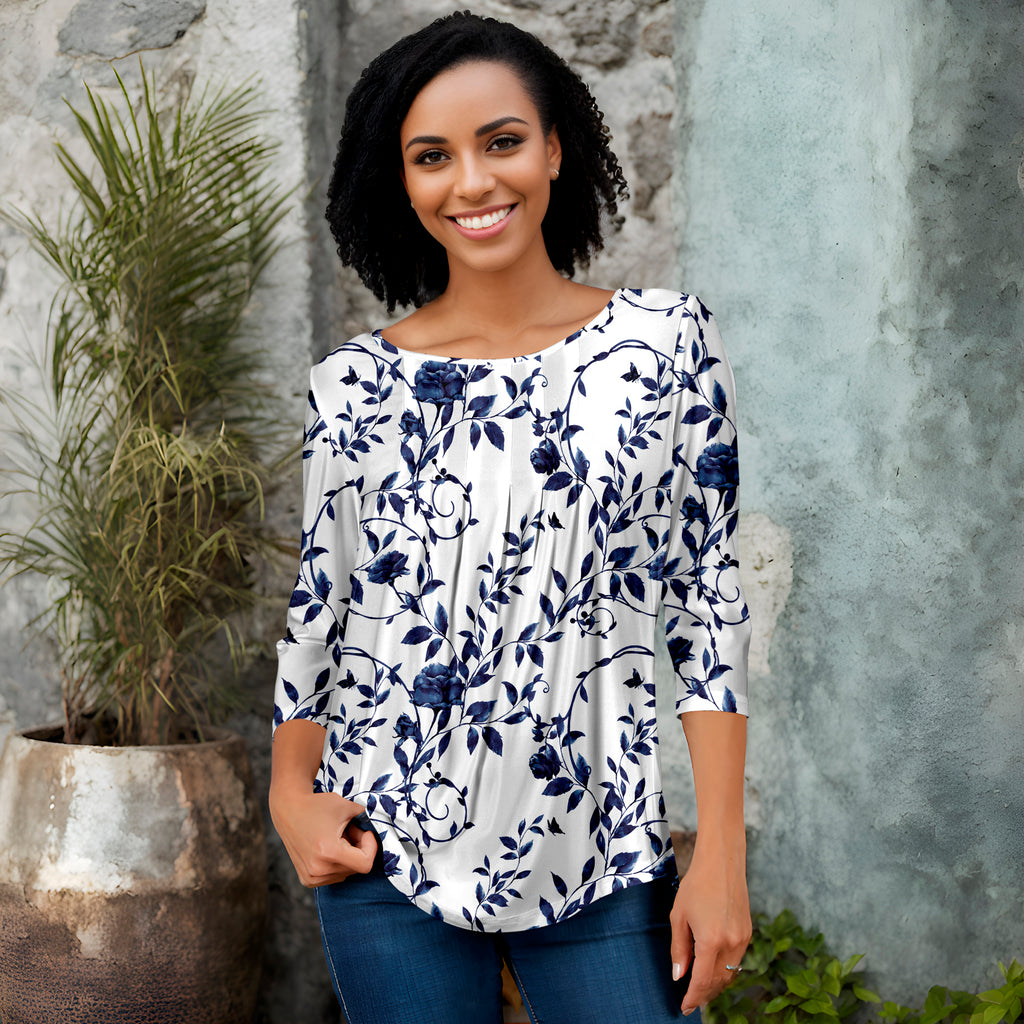 Pleated Three-Quarter Sleeve Tunic - Floral