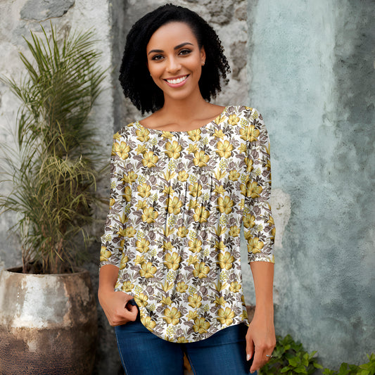 Pleated Three-Quarter Sleeve Tunic - Floral