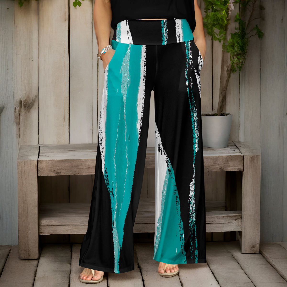Wide Leg Pants with Pockets - Abstract