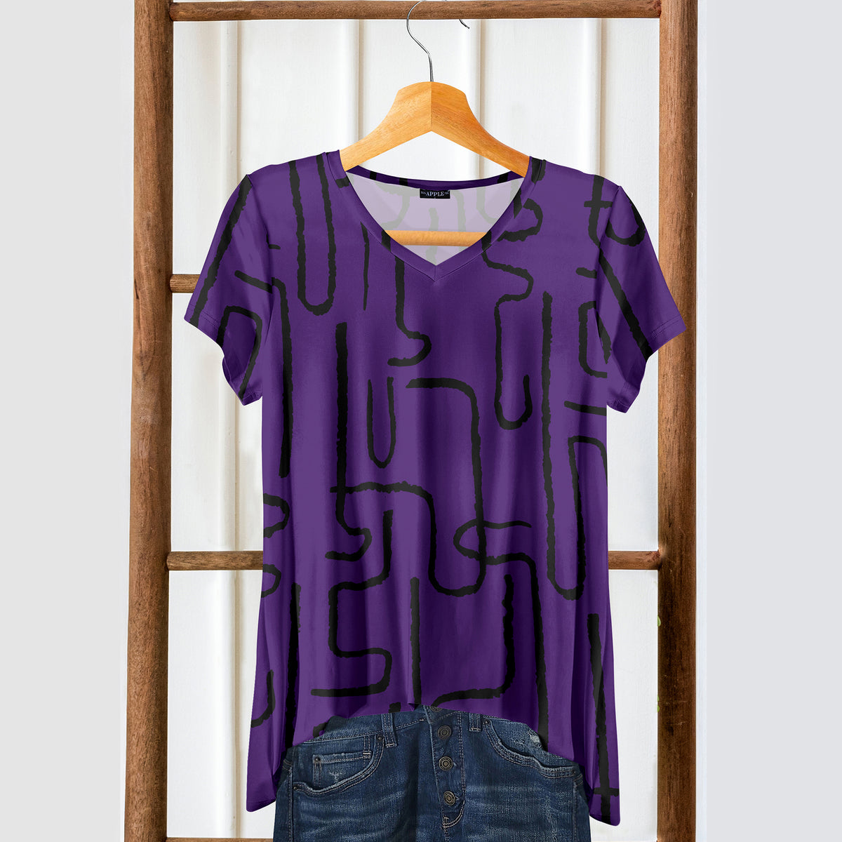 Short Sleeve V-Neck Tunic - Abstract Line Art
