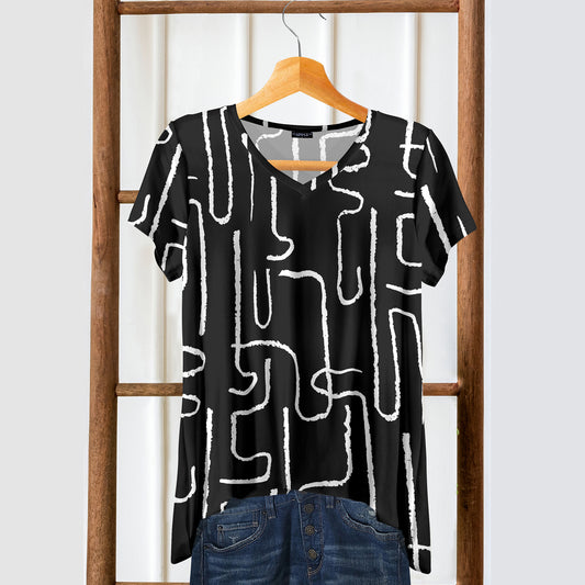 Short Sleeve V-Neck Tunic - Abstract Line Art