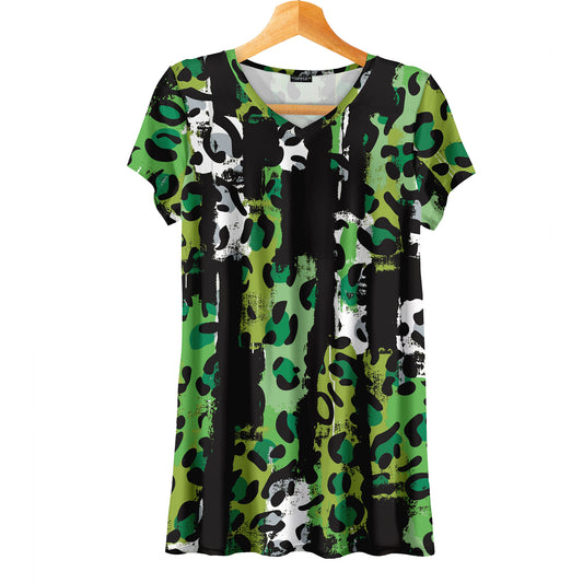 Short Sleeve V-Neck Tunic - Abstract Animal Print