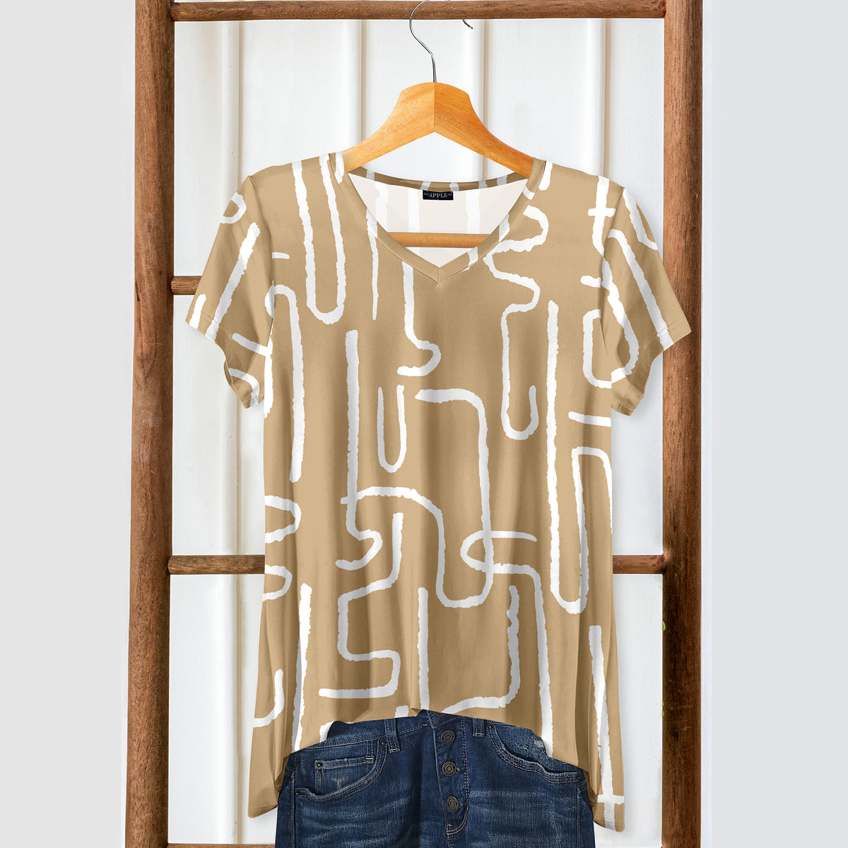Short Sleeve V-Neck Tunic - Abstract Line Art