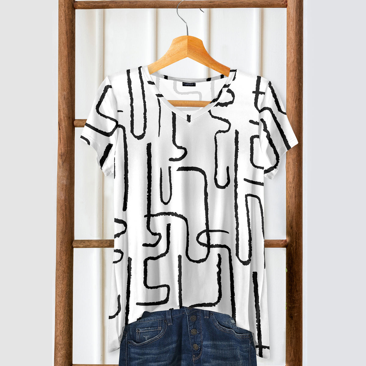 Short Sleeve V-Neck Tunic - Abstract Line Art