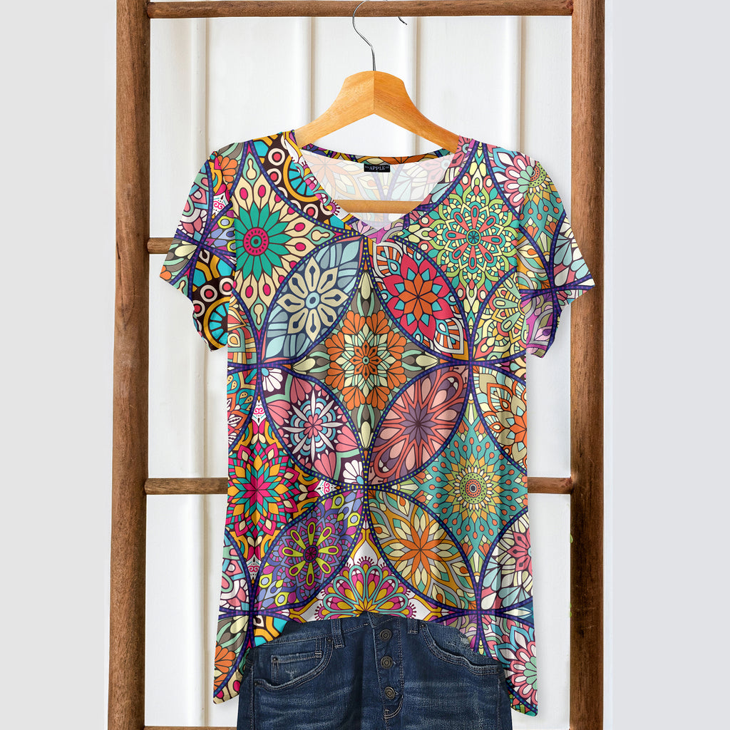 Short Sleeve V-Neck Tunic - Boho Mandala