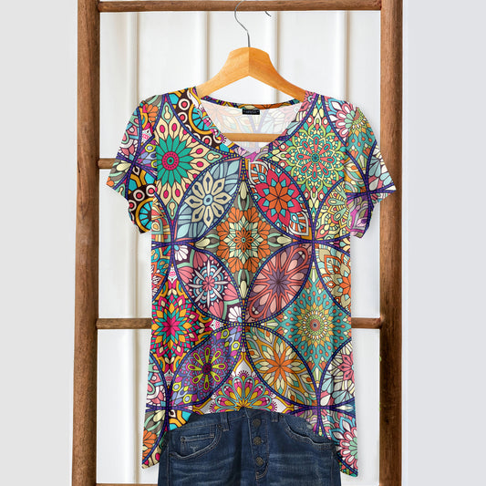 Short Sleeve V-Neck Tunic - Boho Mandala