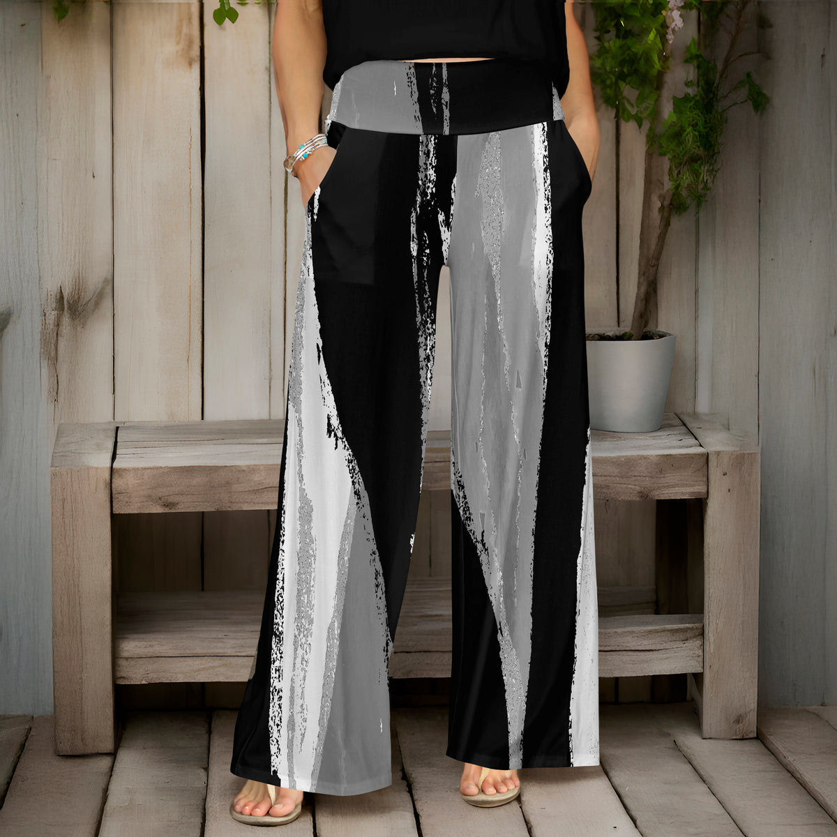 Wide Leg Pants with Pockets - Abstract