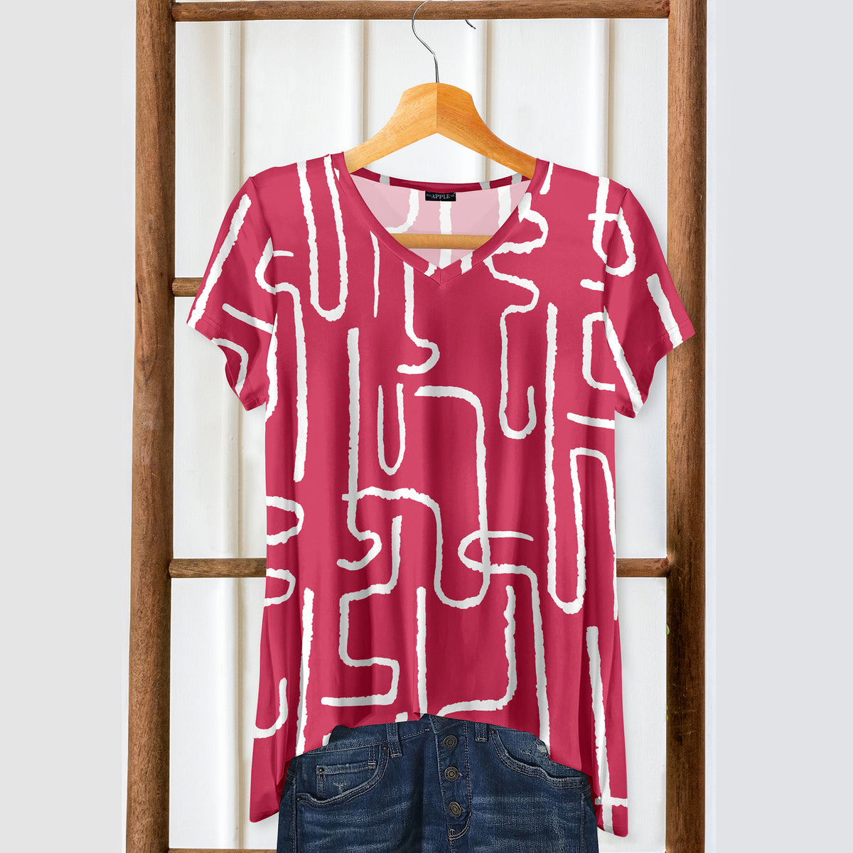 Short Sleeve V-Neck Tunic - Abstract Line Art