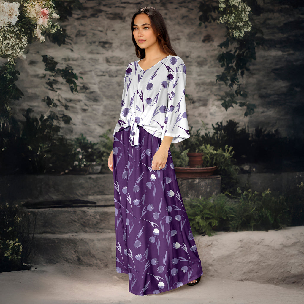 2 Piece Set - Front Tie Three Quarter Sleeve Top and Maxi Skirt - Floral