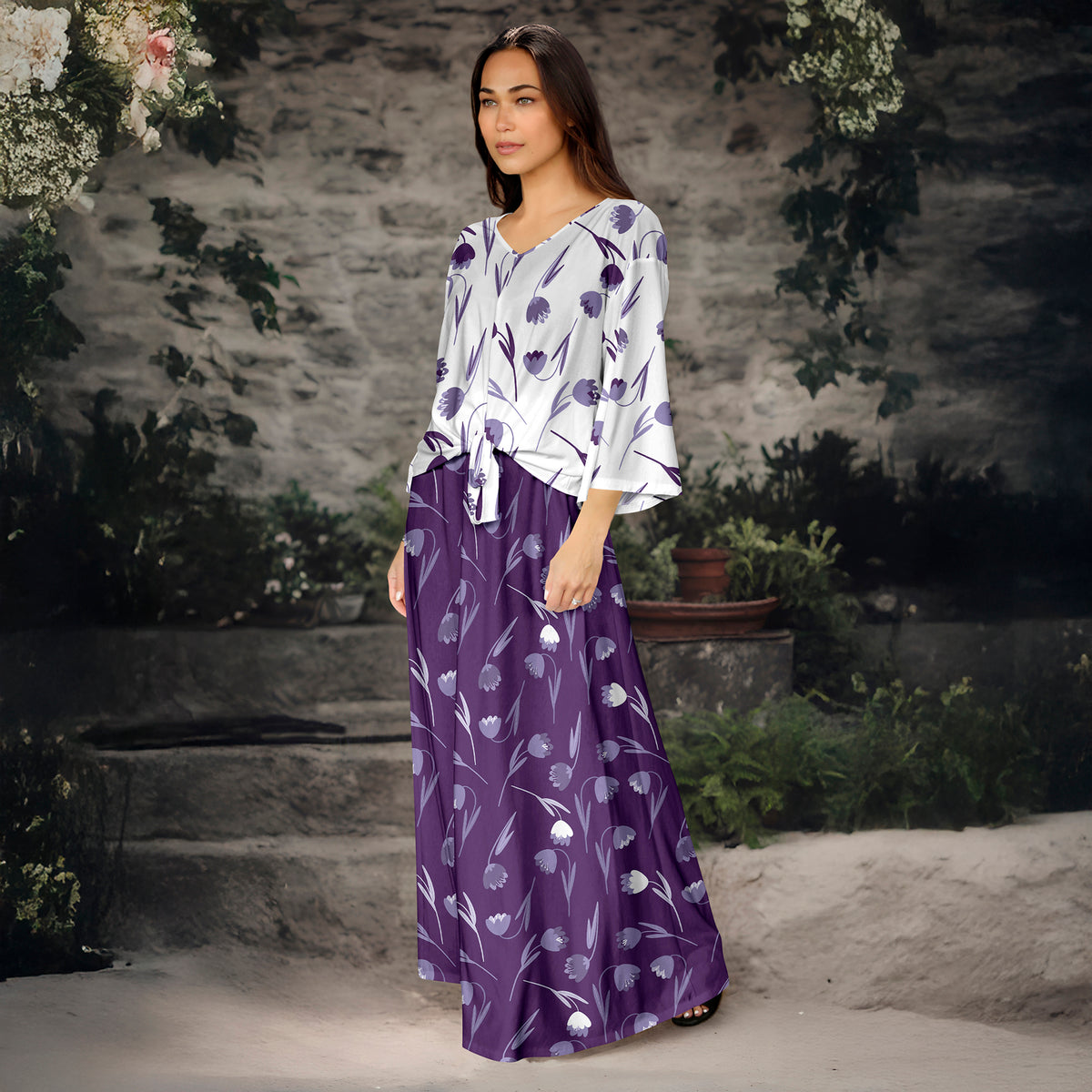 2 Piece Set - Front Tie Three Quarter Sleeve Top and Maxi Skirt - Floral