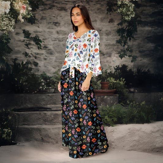 2 Piece Set - Front Tie Three Quarter Sleeve Top and Maxi Skirt - Floral