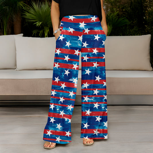 Wide Leg Pants with Pockets - Stars and Stripes