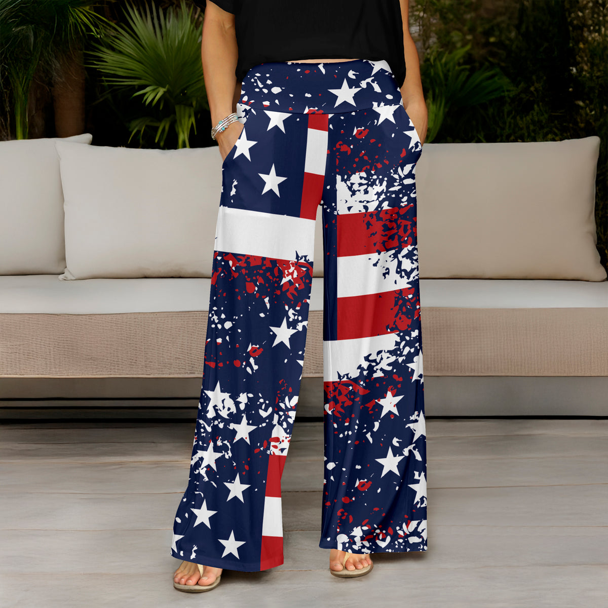 Wide Leg Pants with Pockets - American Flag