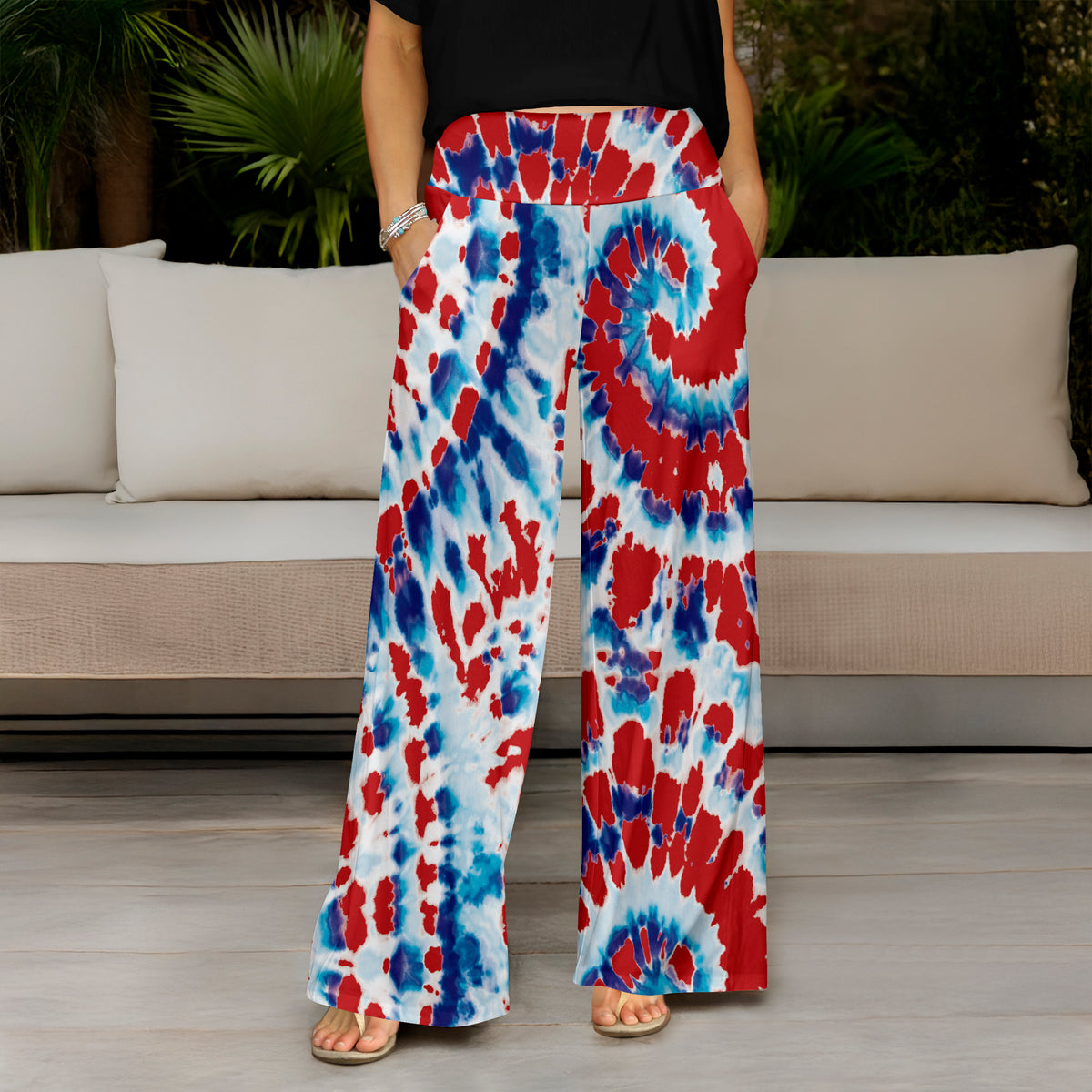 Wide Leg Pants with Pockets - Patriotic Tie-dye