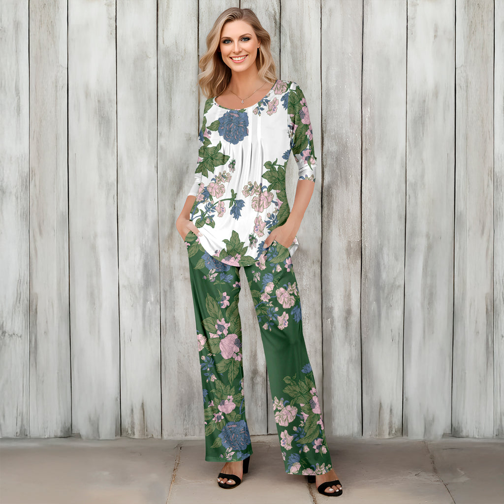 2 Piece Set - Pleated Three Quarter Sleeve Tunic and Pocket Pants - Floral