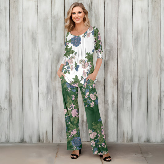 2 Piece Set - Pleated Three Quarter Sleeve Tunic and Pocket Pants - Floral