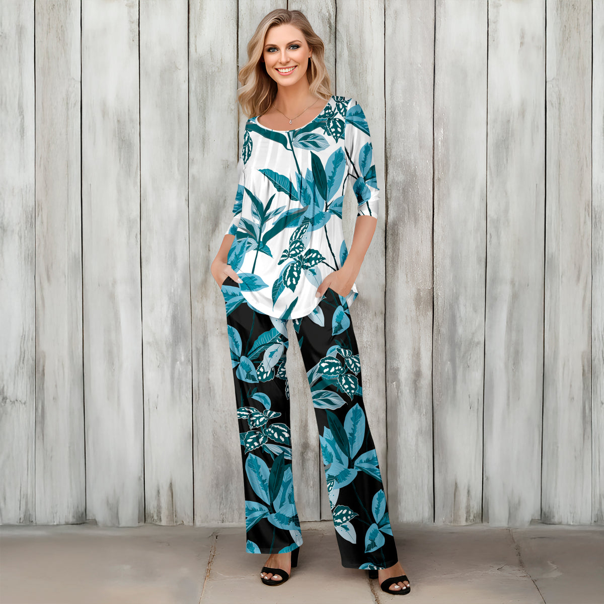 2 Piece Set - Pleated Three Quarter Sleeve Tunic and Pocket Pants - Tropical