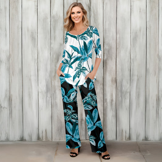 2 Piece Set - Pleated Three Quarter Sleeve Tunic and Pocket Pants - Tropical