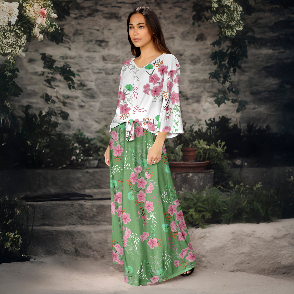 2 Piece Set - Front Tie Three Quarter Sleeve Top and Maxi Skirt - Floral