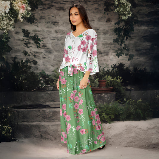 2 Piece Set - Front Tie Three Quarter Sleeve Top and Maxi Skirt - Floral