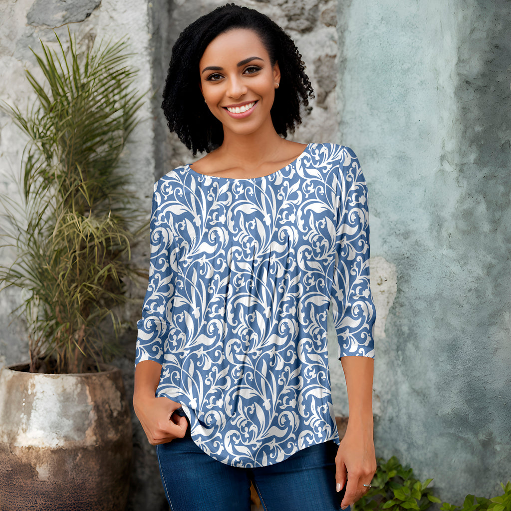Pleated Three-Quarter Sleeve Tunic - Floral