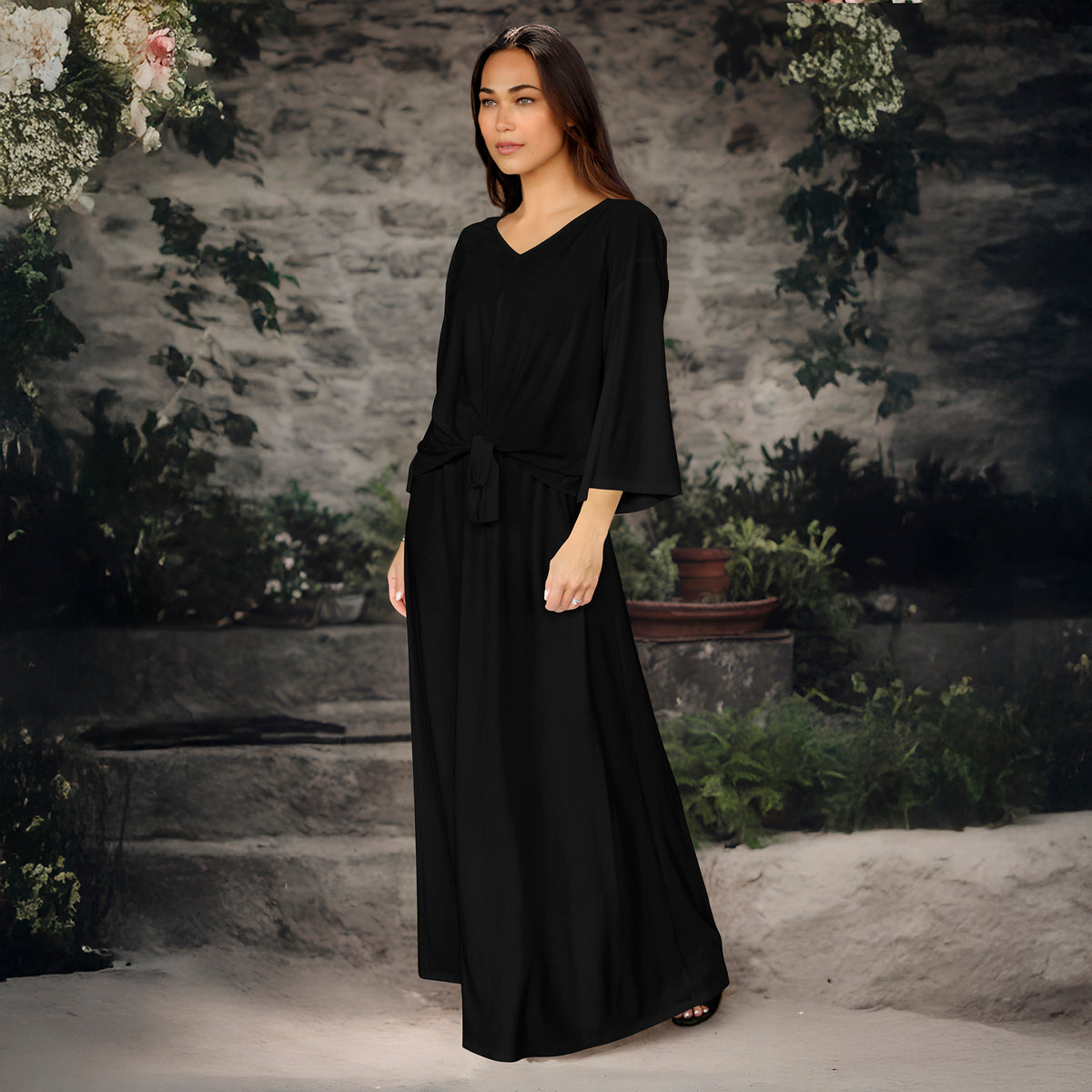 2 Piece Set - Front Tie Three Quarter Sleeve Top and Maxi Skirt