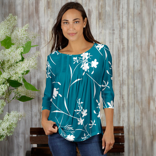 Pleated Three-Quarter Sleeve Tunic - Floral