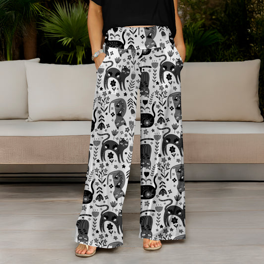 Wide Leg Pants with Pockets - Cats
