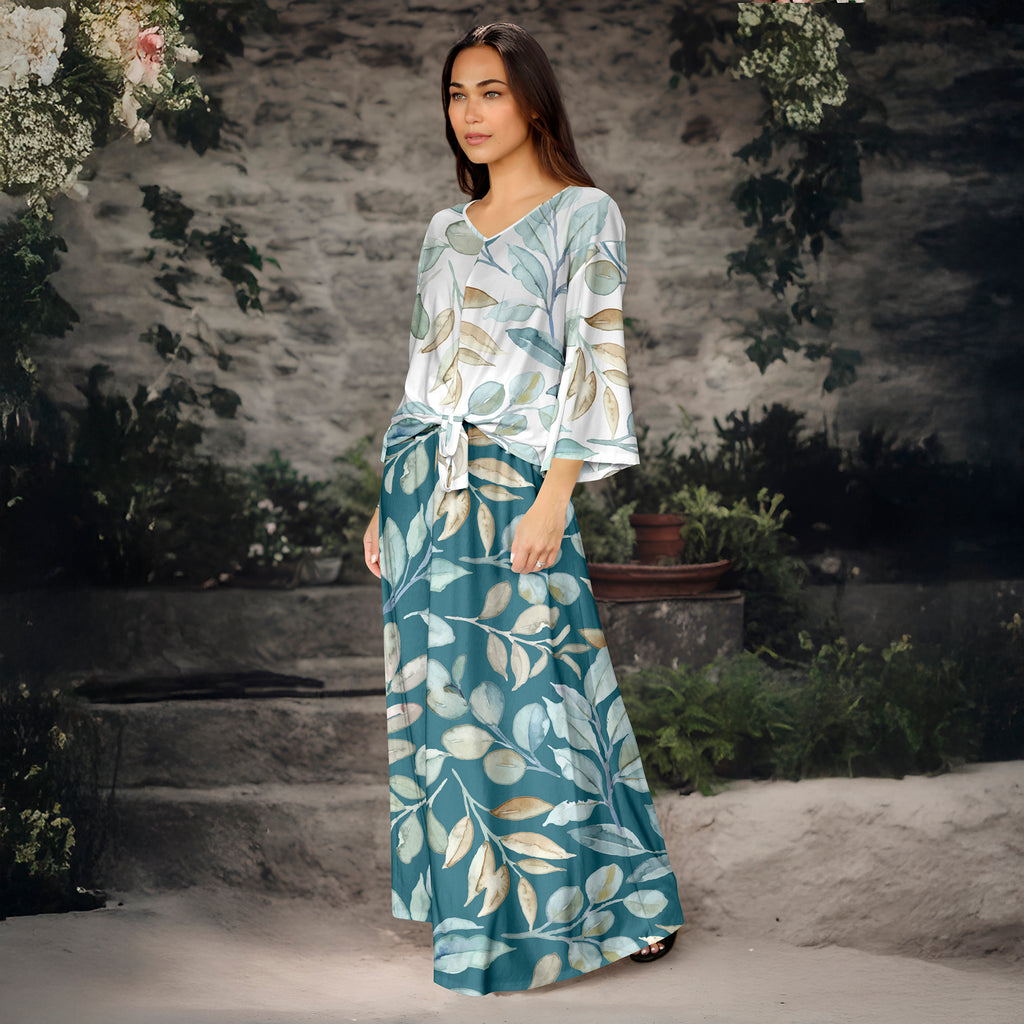 2 Piece Set - Front Tie Three Quarter Sleeve Top and Maxi Skirt - Floral