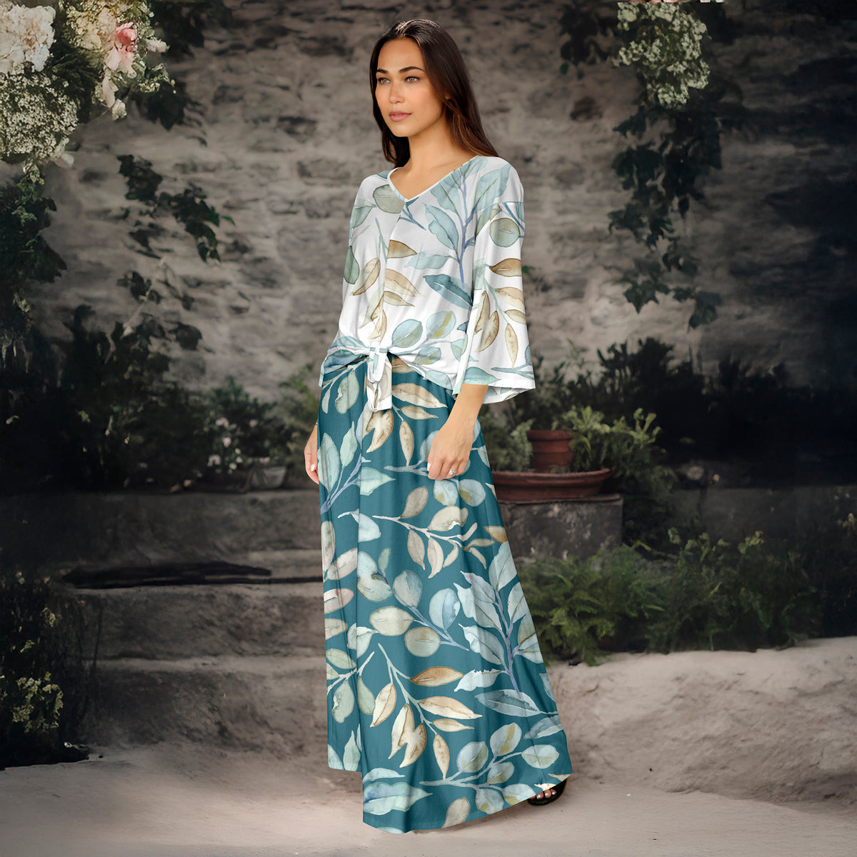 2 Piece Set - Front Tie Three Quarter Sleeve Top and Maxi Skirt - Floral