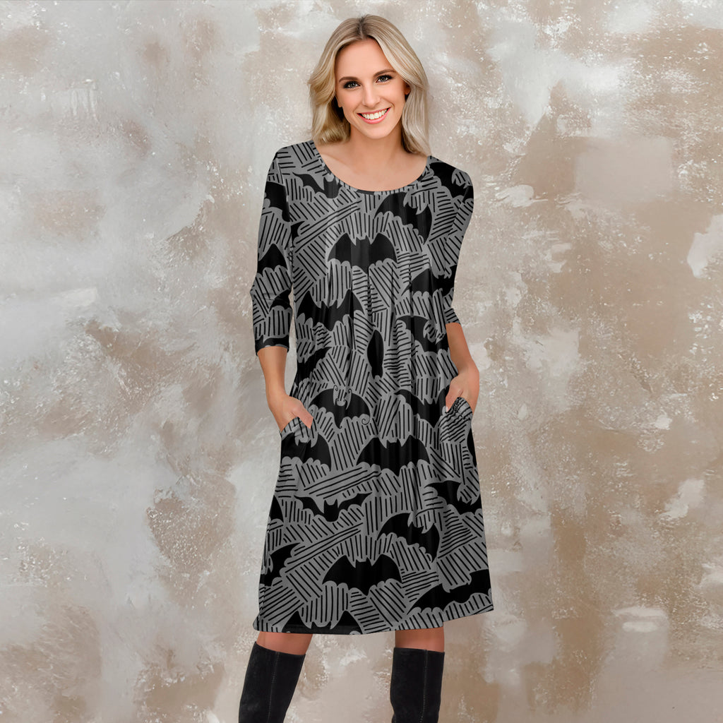 Three Quarter Sleeve Pleated Dress with Pockets - Bats