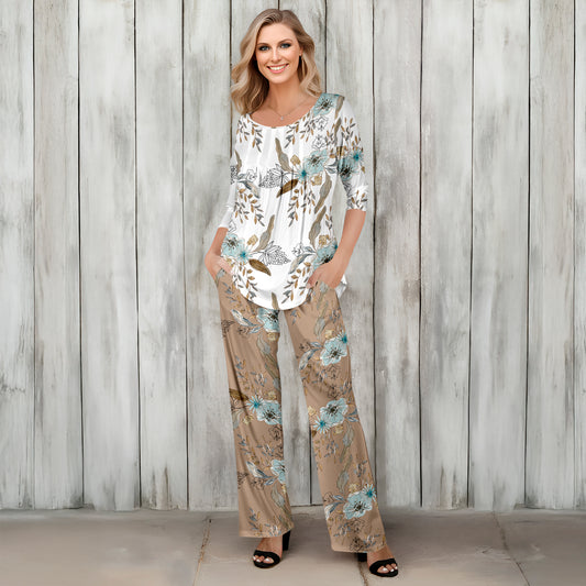 2 Piece Set - Pleated Three Quarter Sleeve Tunic and Pocket Pants - Floral