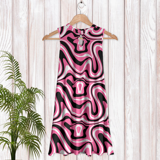 Sleeveless Keyhole Swing Dress with Side Pockets - Abstract Swirls