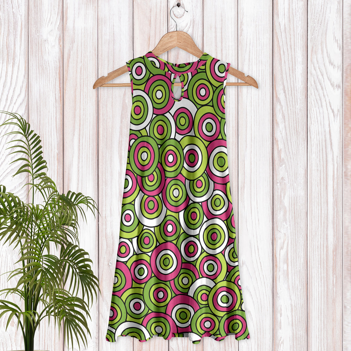 Sleeveless Keyhole Swing Dress with Side Pockets - Geometric