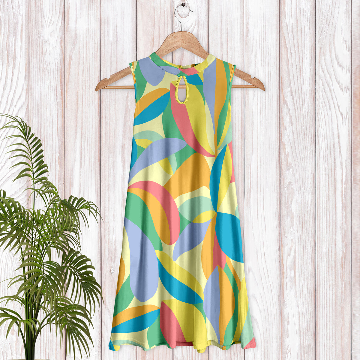 Sleeveless Keyhole Swing Dress with Side Pockets - Abstract