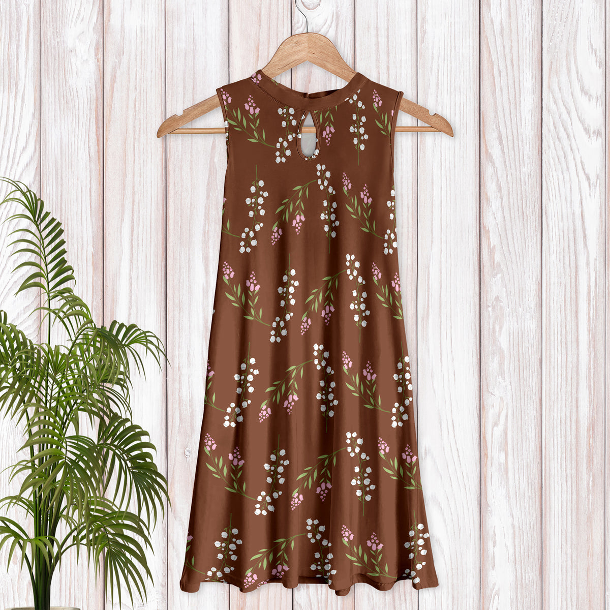 Sleeveless Keyhole Swing Dress with Side Pockets - Floral