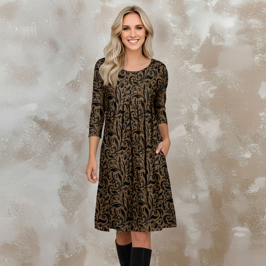 Three Quarter Sleeve Pleated Dress with Pockets - Floral Scroll