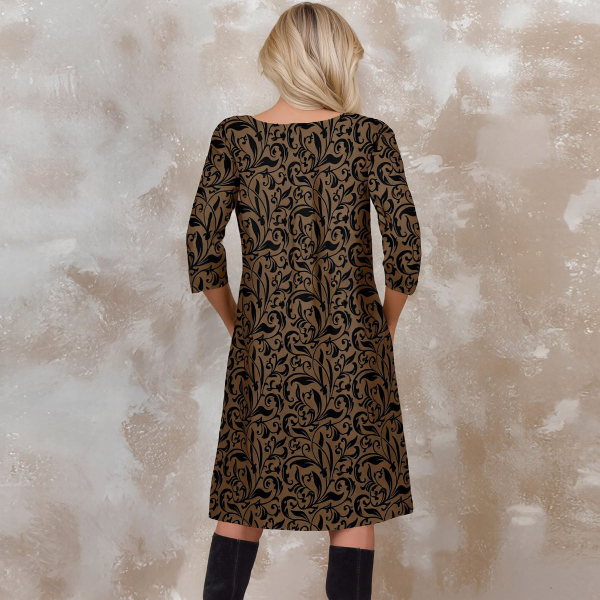 Three Quarter Sleeve Pleated Dress with Pockets - Floral Scroll