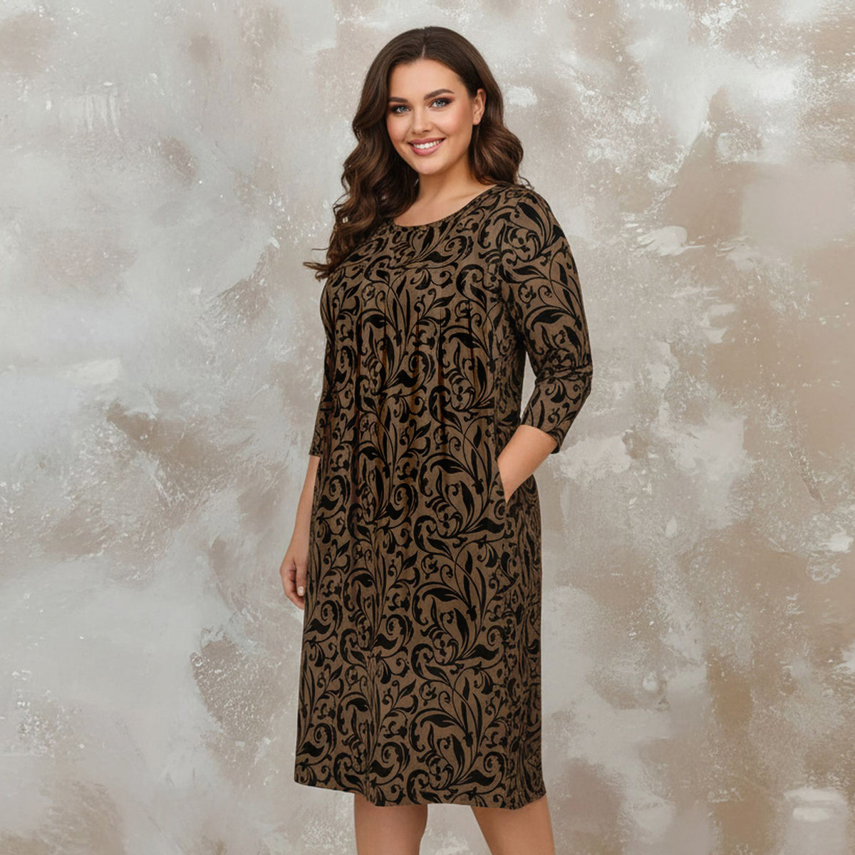 Three Quarter Sleeve Pleated Dress with Pockets - Floral Scroll