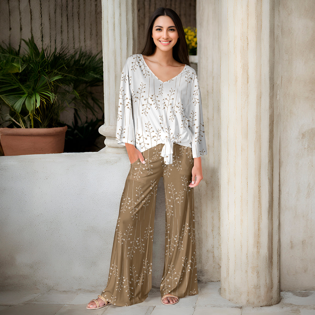 2 Piece Set - Front Tie Top and Wide Leg Pocket Pants - Floral